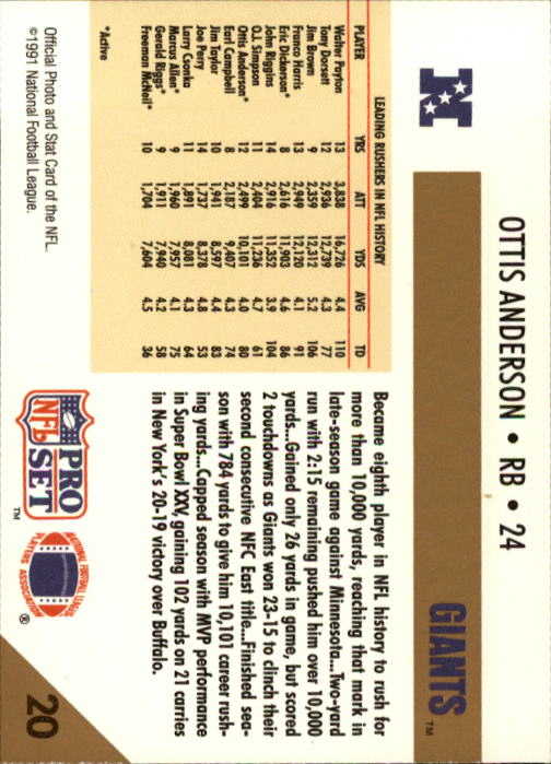 1991 Pro Set #20 Ottis Anderson ML/10000 Career/Rushing Yards back image