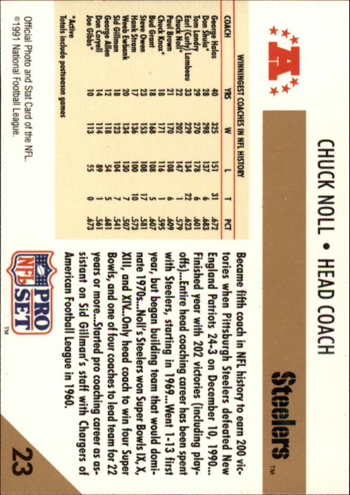 1991 Pro Set #23 Chuck Noll ML/200 Victories back image