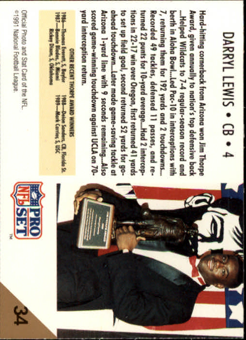 1991 Pro Set #34 Darryll Lewis RC UER/Thorpe Winner (Name/misspelled Darryl on card) back image