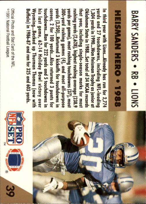 1991 Pro Set #39 Barry Sanders HH back image