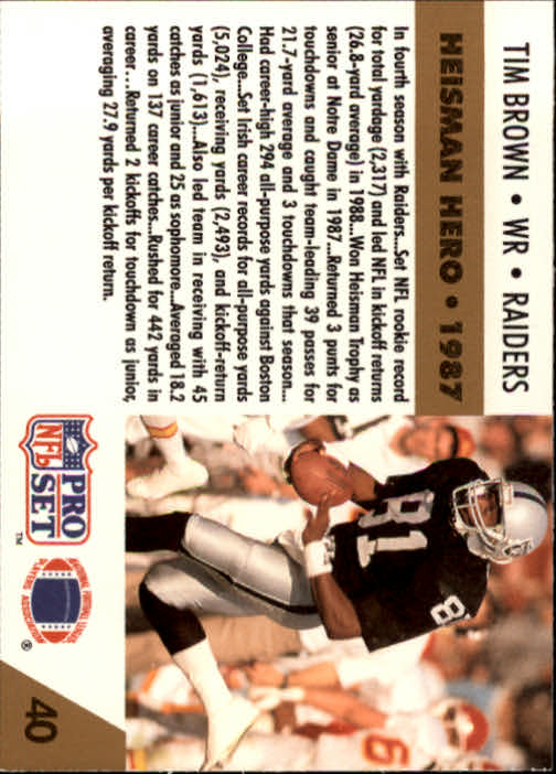 1991 Pro Set #40 Tim Brown HH UER/(No Official Photo/and Stat Card of the/NFL on card back) back image