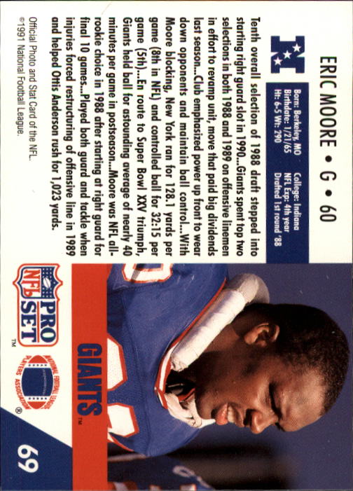 1991 Pro Set #69 Eric Moore back image