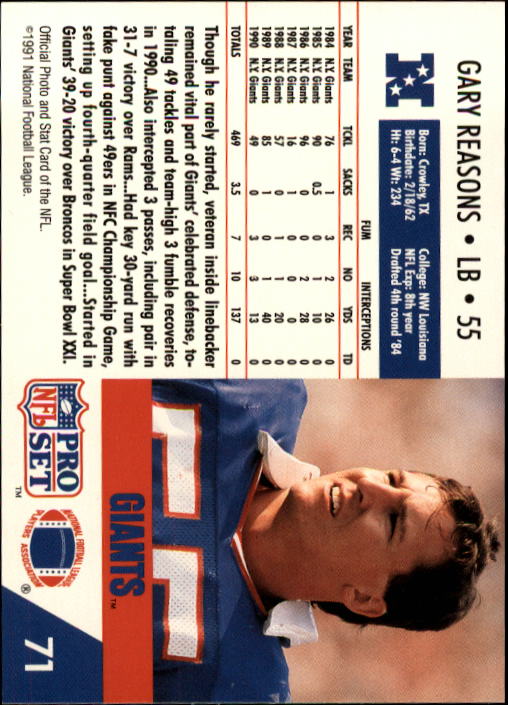 1991 Pro Set #71 Gary Reasons back image