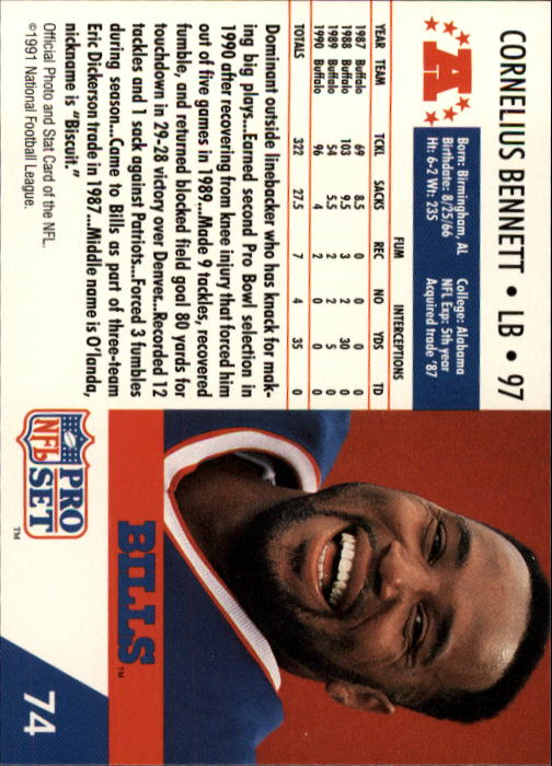 1991 Pro Set #74A Cornelius Bennett/(NFLPA logo on back) - NM-MT ...