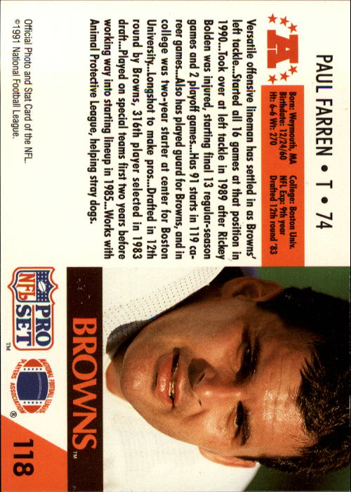 1991 Pro Set #118 Paul Farren back image