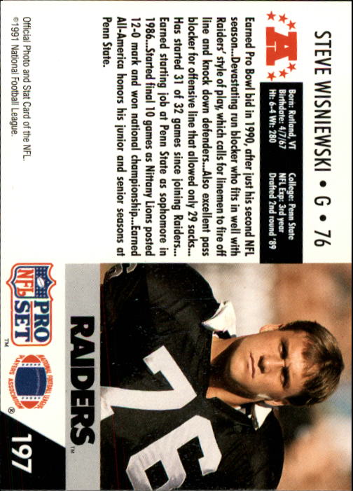 1991 Pro Set #197 Steve Wisniewski UER/(Back says drafted,/should say traded to) back image