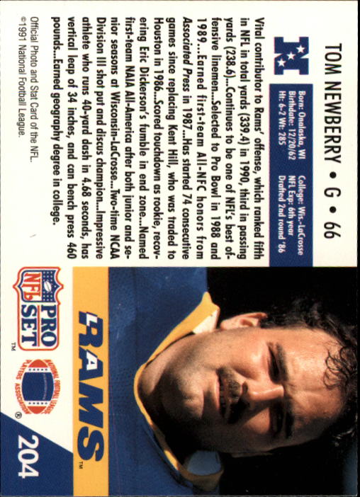 1991 Pro Set #204 Tom Newberry back image