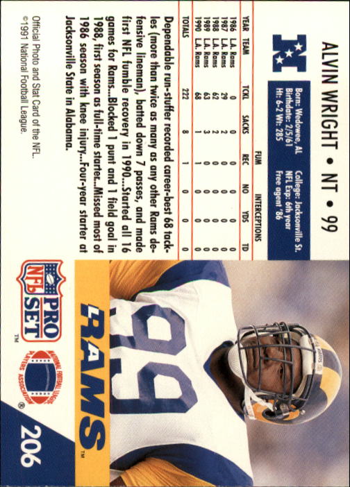 1991 Pro Set #206 Alvin Wright back image