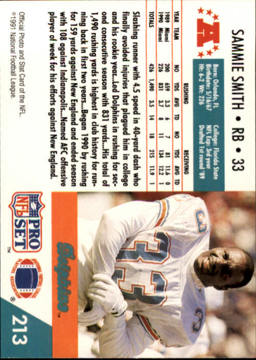 1991 Pro Set #213 Sammie Smith back image