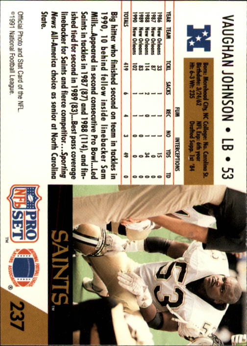 1991 Pro Set #237 Vaughan Johnson back image