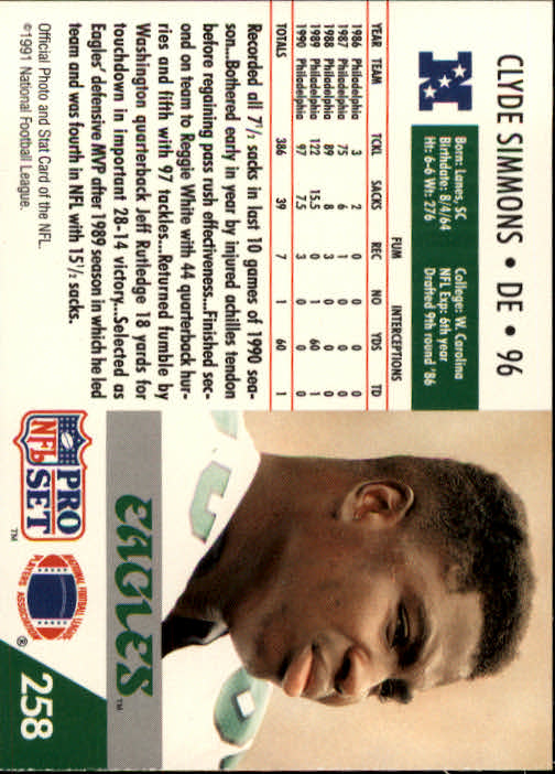 1991 Pro Set #258 Clyde Simmons back image