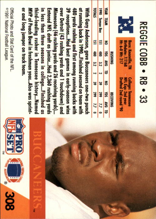 1991 Pro Set #308 Reggie Cobb back image