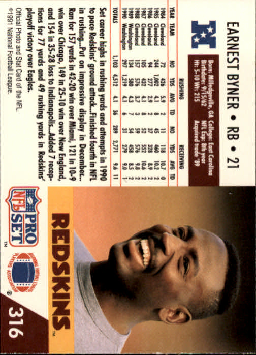 1991 Pro Set #316 Earnest Byner back image