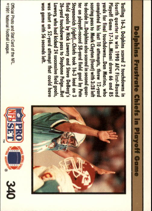 1991 Pro Set #340A Miami Dolphins REP/(Mark Clayton;/TM symbol on Chiefs/player's shoulder) back image