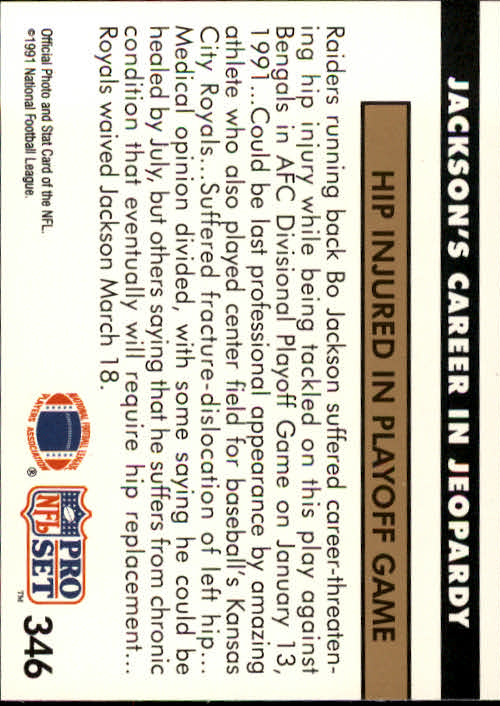 1991 Pro Set #346 Bo Jackson NEW/(Career in Jeopardy) back image