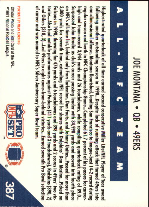 1991 Pro Set #387 Joe Montana NFC back image