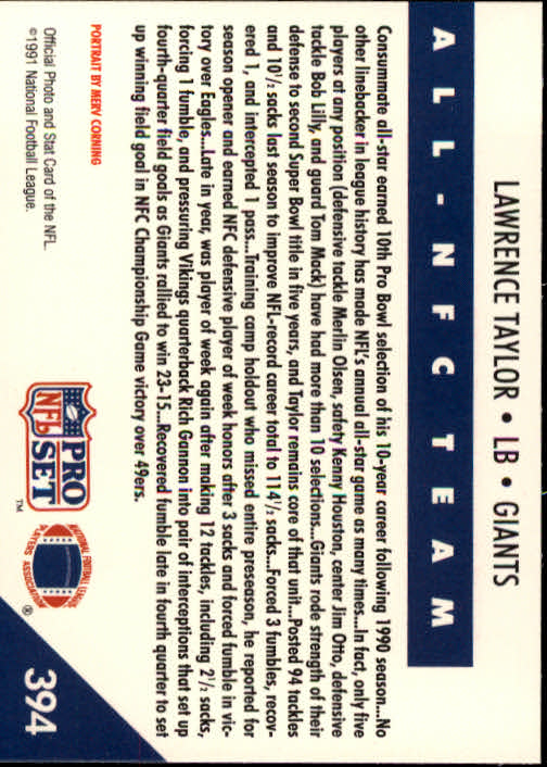 1991 Pro Set #394 Lawrence Taylor NFC back image