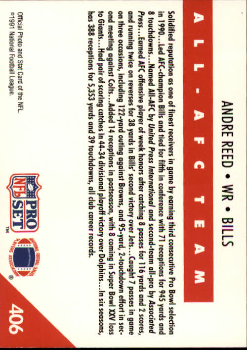 1991 Pro Set #406 Andre Reed AFC back image
