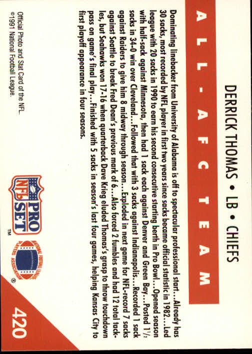 1991 Pro Set #420 Derrick Thomas AFC back image