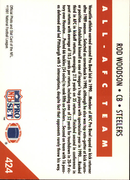 1991 Pro Set #424 Rod Woodson AFC back image