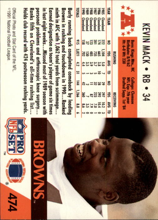 1991 Pro Set #474 Kevin Mack back image