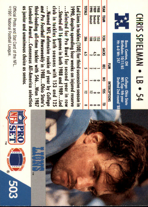 1991 Pro Set #503 Chris Spielman back image