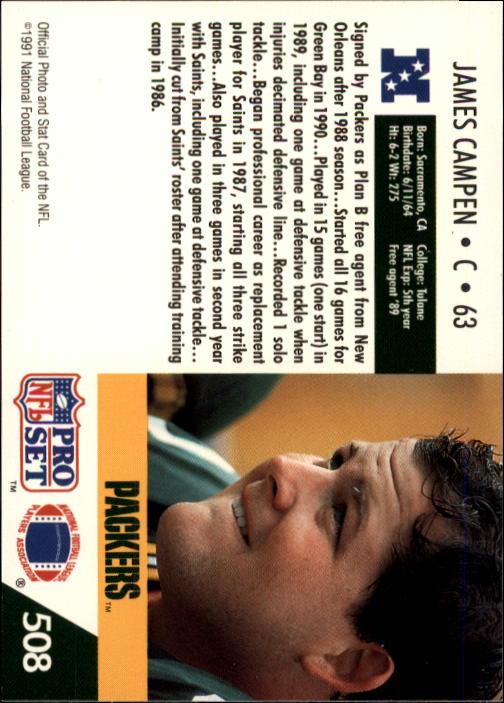 1991 Pro Set #508 James Campen RC back image