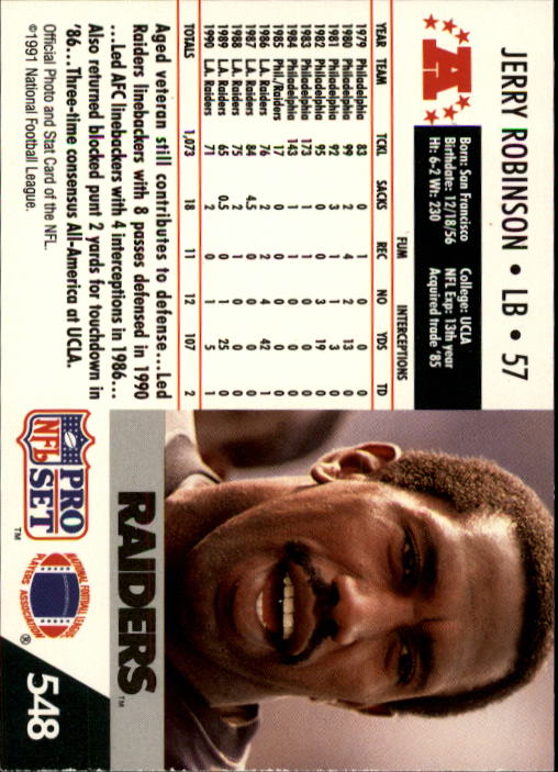 1991 Pro Set #548 Jerry Robinson back image