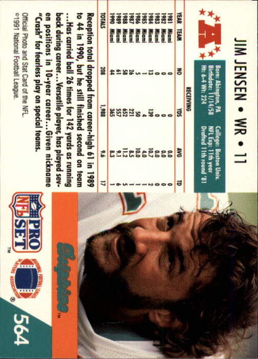 1991 NFL Pro Set Jim Jensen Miami Dolphins Wide Receiver #564