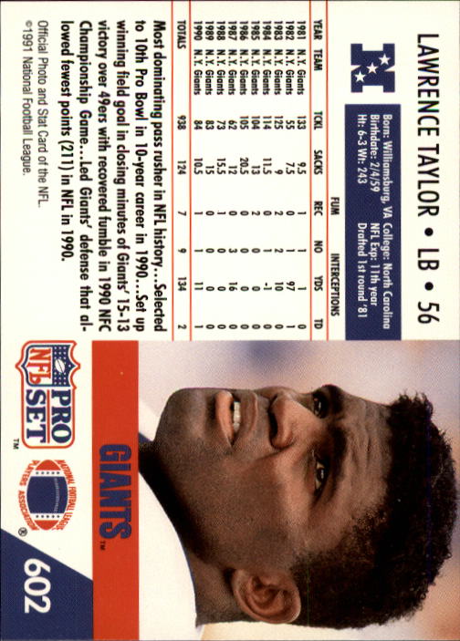 : Football NFL 1991 Pro Set #602 Lawrence Taylor #602 EX NY Giants  : Collectibles & Fine Art