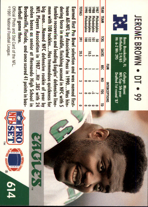 1991 Pro Set #614 Jerome Brown back image