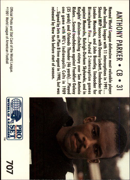 1991 Pro Set #707 Anthony Parker RC LL/NY/NJ Knights back image