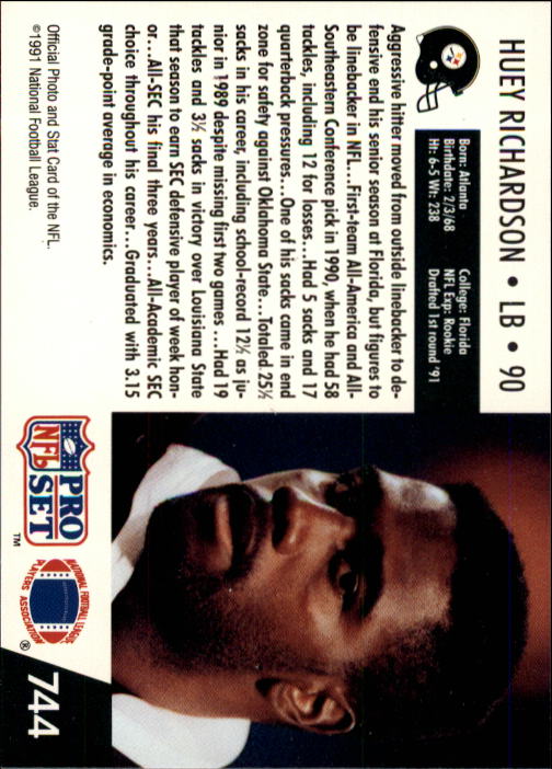 1991 Pro Set #744 Huey Richardson RC back image