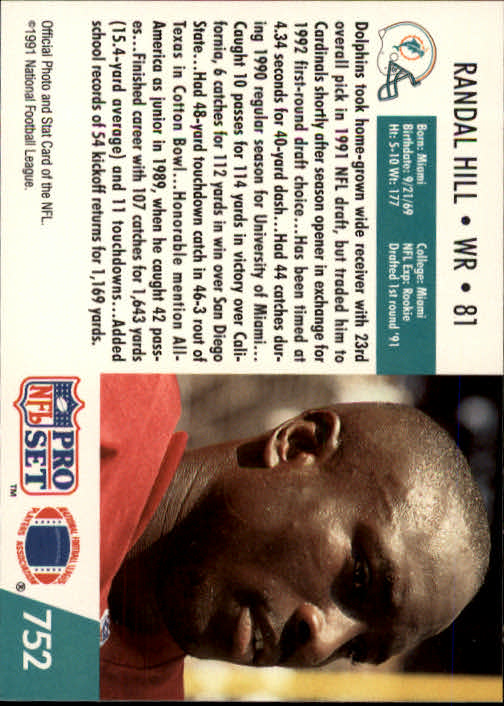 1991 Pro Set #752 Randal Hill RC back image