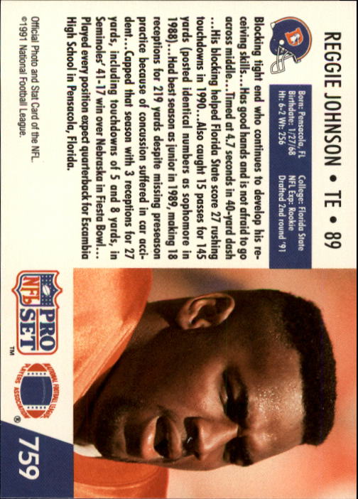 1991 Pro Set #759 Reggie Johnson RC back image