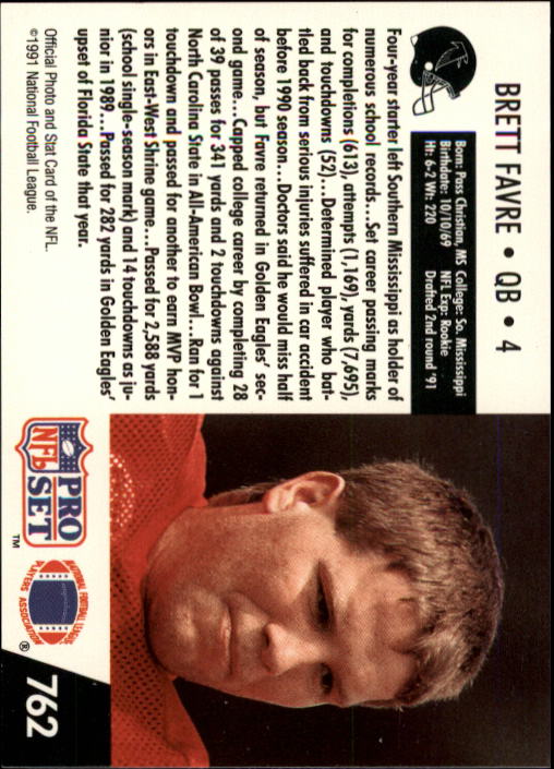 1991 Pro Set #762 Brett Favre RC back image
