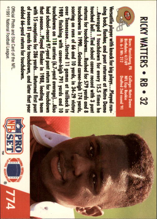 1991 Pro Set #774 Ricky Watters RC back image