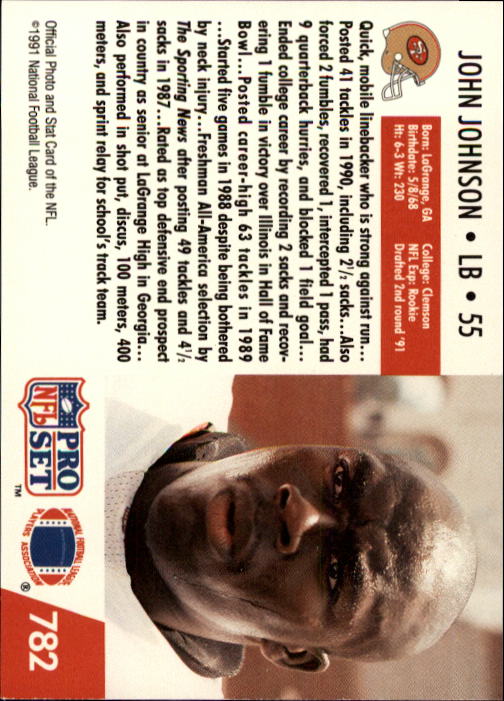 1991 Pro Set #782 John Johnson RC back image