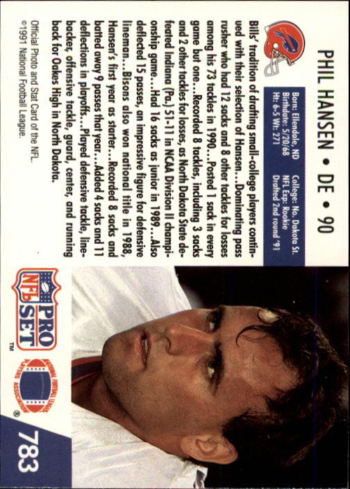 1991 Pro Set #783 Phil Hansen RC back image