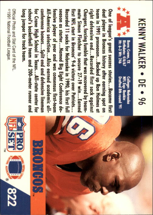 1991 Pro Set #822 Kenny Walker RC back image