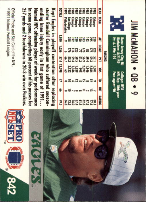 1991 Pro Set #842 Jim McMahon back image