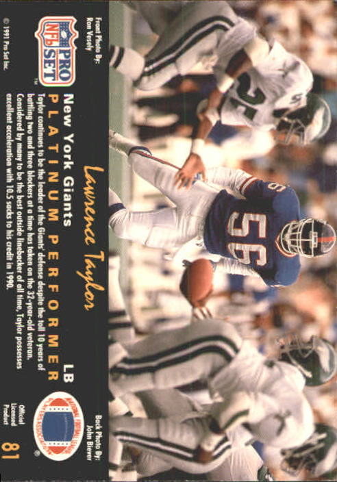 1991 Pro Set Platinum #81 Lawrence Taylor back image