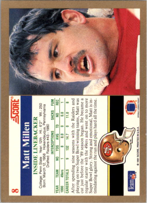 1991 Score #8 Matt Millen back image