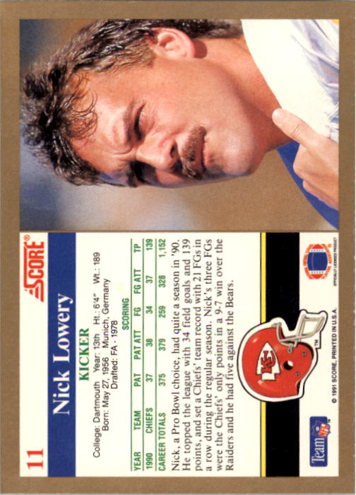 1991 Score #11 Nick Lowery back image