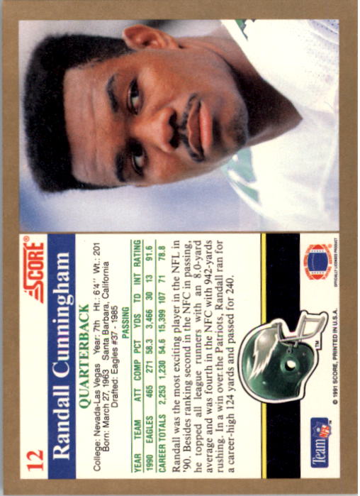 1991 Score #12 Randall Cunningham back image