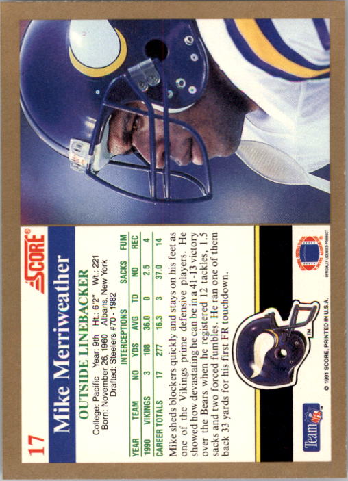 1991 Score #17 Mike Merriweather back image
