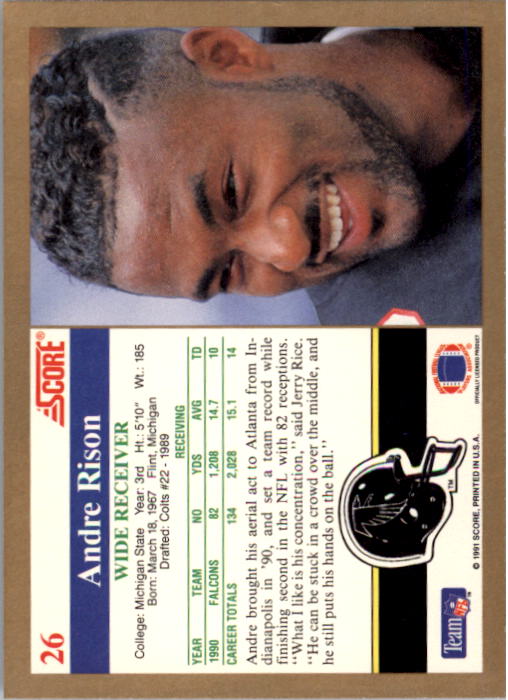1991 Score #26 Andre Rison back image