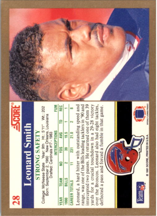 1991 Score #28 Leonard Smith back image
