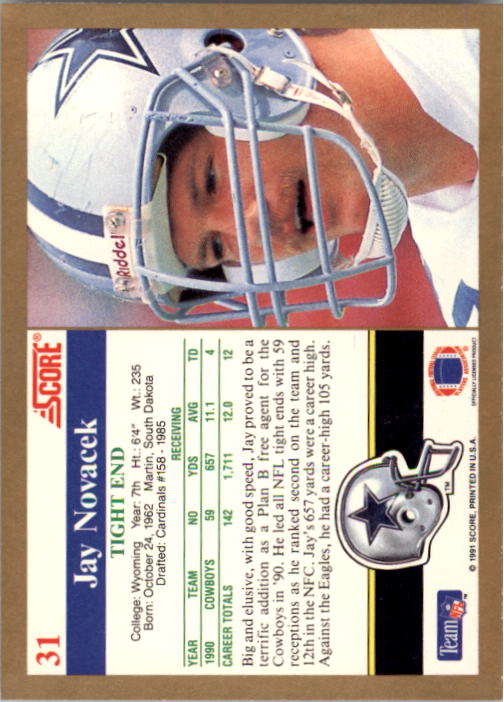 1991 Score #31 Jay Novacek back image