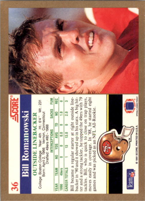 1991 Score #36 Bill Romanowski back image
